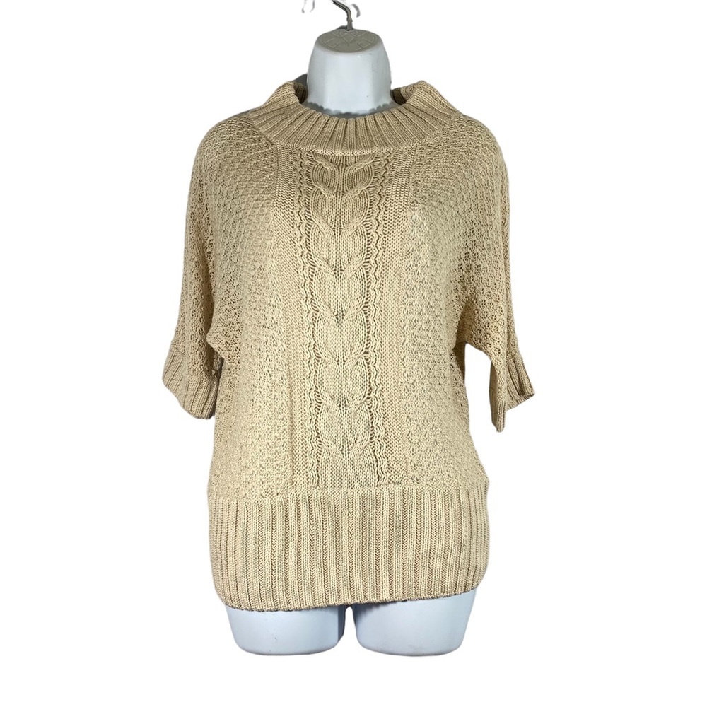 St. John Mock Neck Short Sleeve Chunky Cable Knit 100% Cotton Sweater Medium